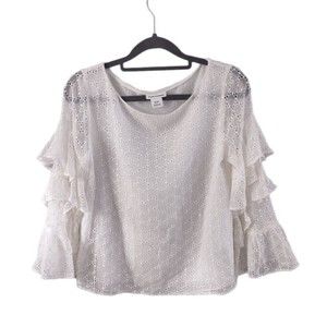 Club Monaco Silk Ruffle Shirt Womens XS White Eyelet Blouse Layered Top